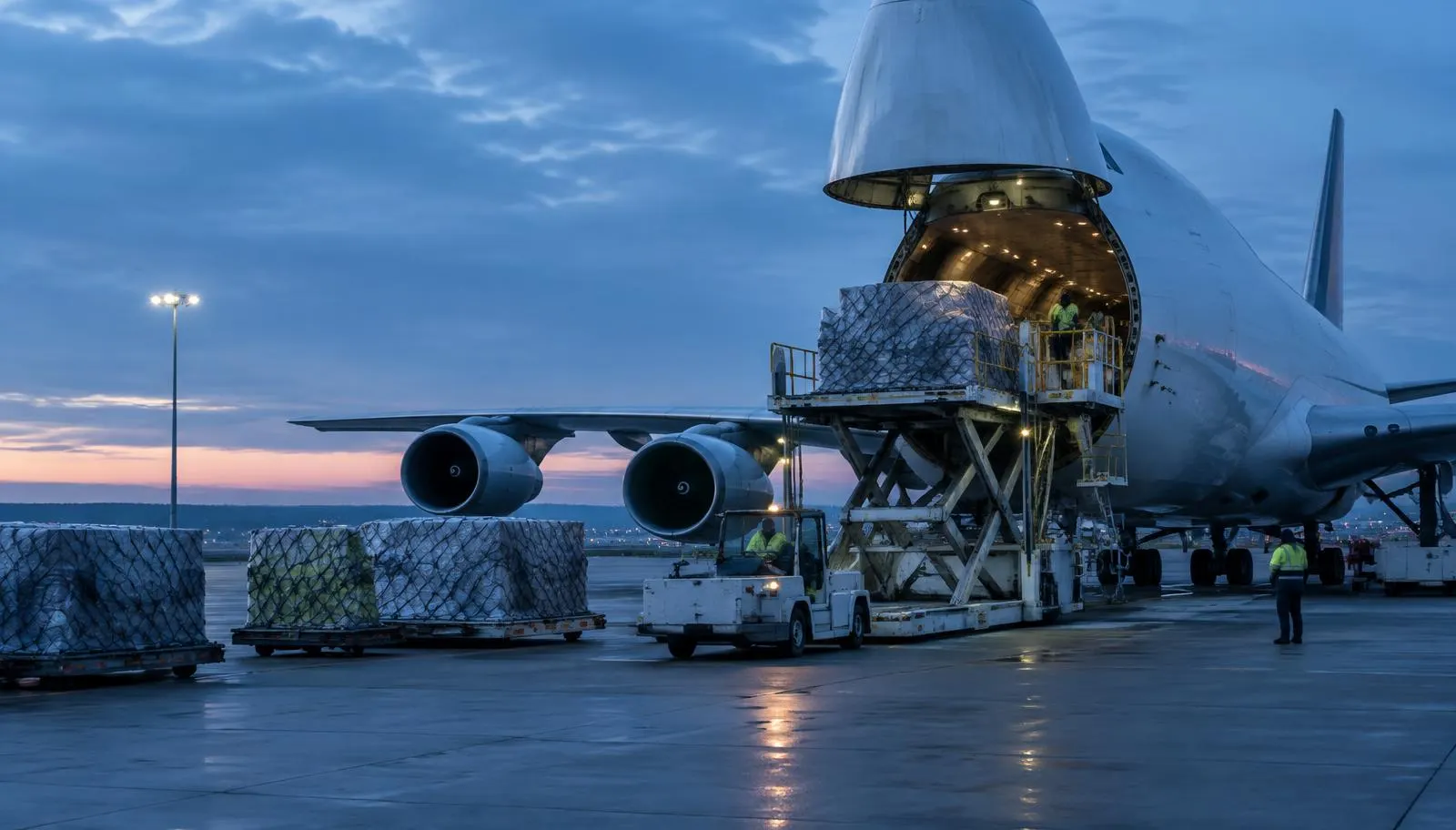Air cargo pallets being loaded onto a freighter aircraft at dusk