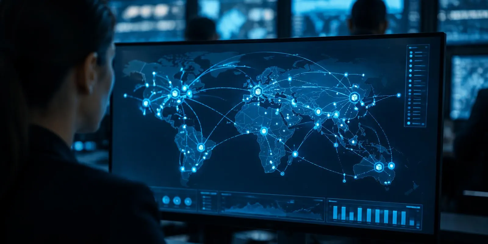 Analyst viewing a global supplier and logistics network map